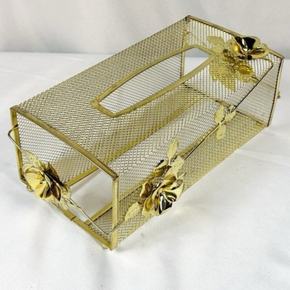 Vintage Gold Metal Tissue Box Cover Hollywood Regency Floral Roses Rectangular
